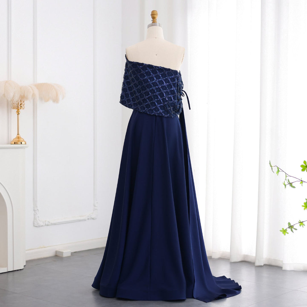 Dreamy Vow Elegant Off Shoulder Navy Blue Evening Dress with Cape SF204