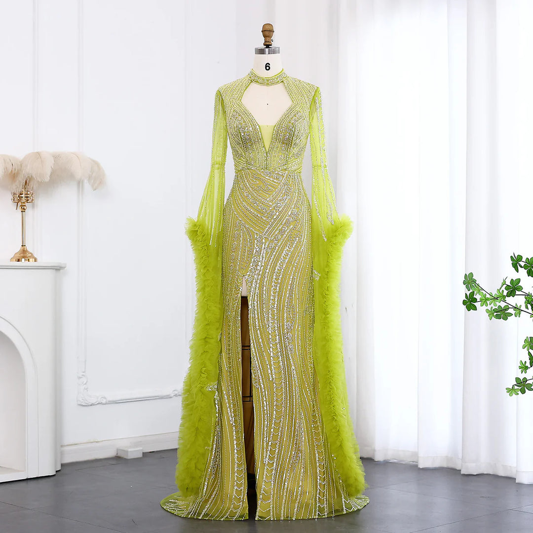 Luxury Sage Green Evening Dress with Cape Sleeves SS020