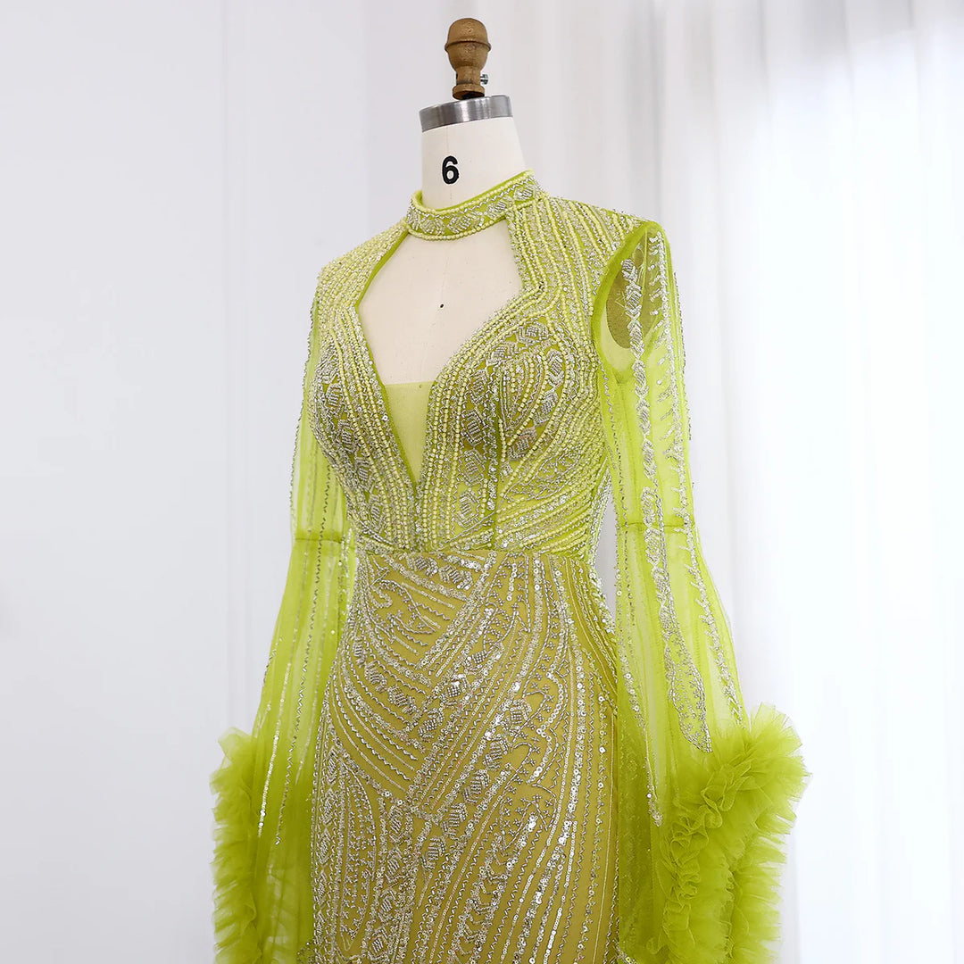 Luxury Sage Green Evening Dress with Cape Sleeves SS020