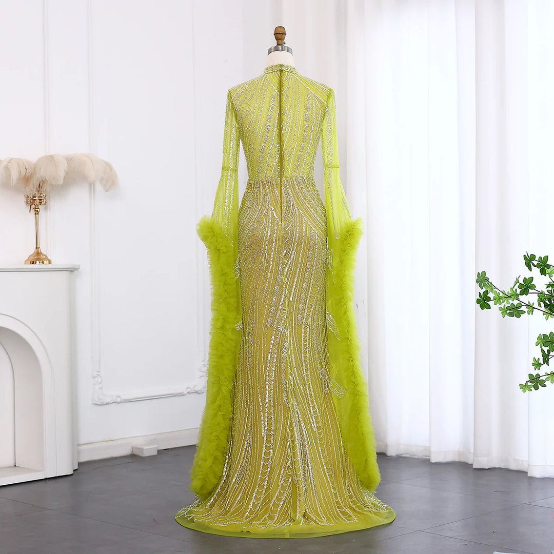 Luxury Sage Green Evening Dress with Cape Sleeves SS020