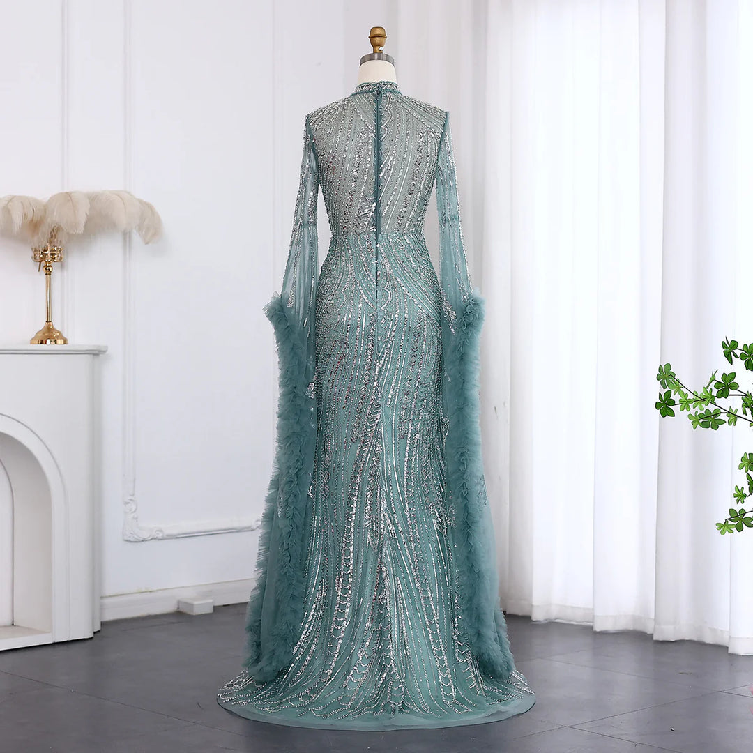 Luxury Sage Green Evening Dress with Cape Sleeves SS020