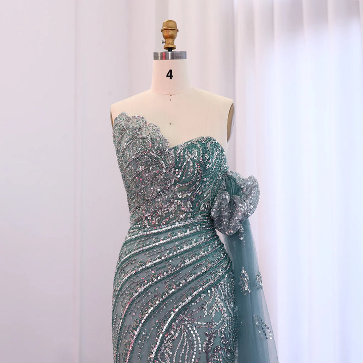 Luxury Beaded Scalloped Turquoise Evening Dress SS021