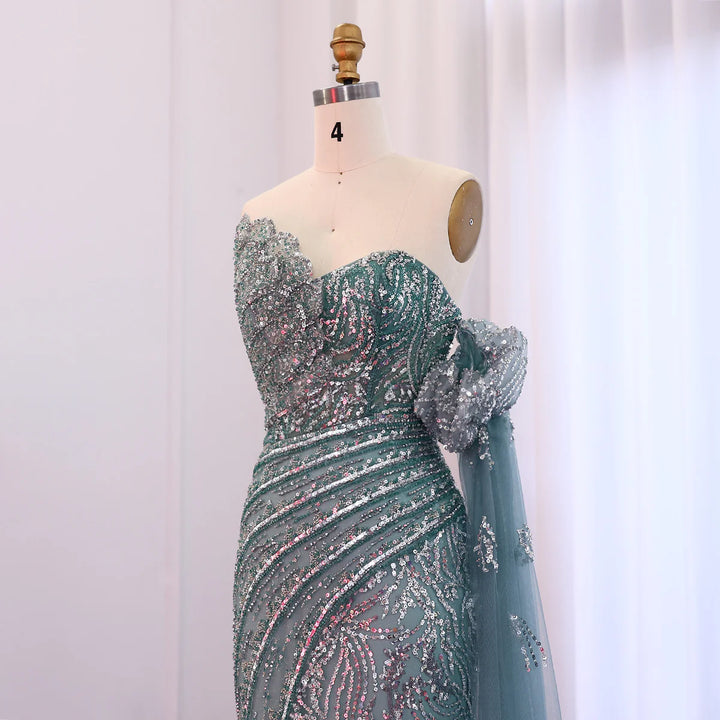 Luxury Beaded Scalloped Turquoise Evening Dress SS021