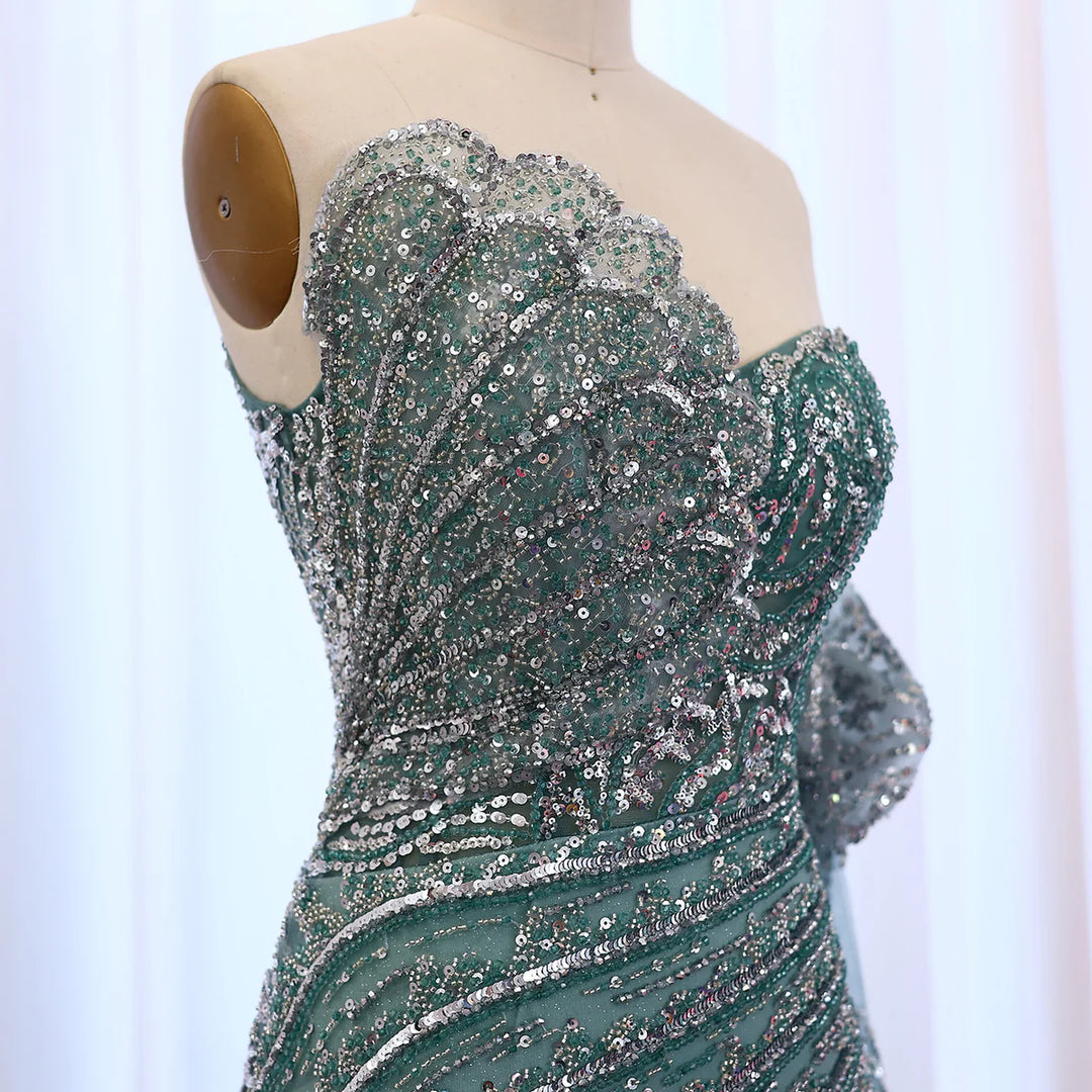 Luxury Beaded Scalloped Turquoise Evening Dress SS021