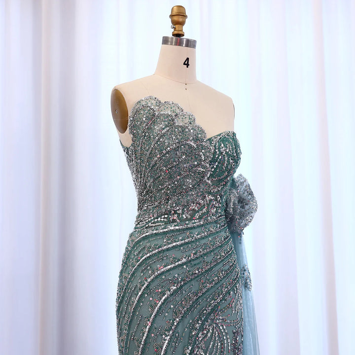 Luxury Beaded Scalloped Turquoise Evening Dress SS021