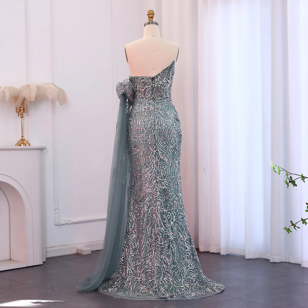 Luxury Beaded Scalloped Turquoise Evening Dress SS021