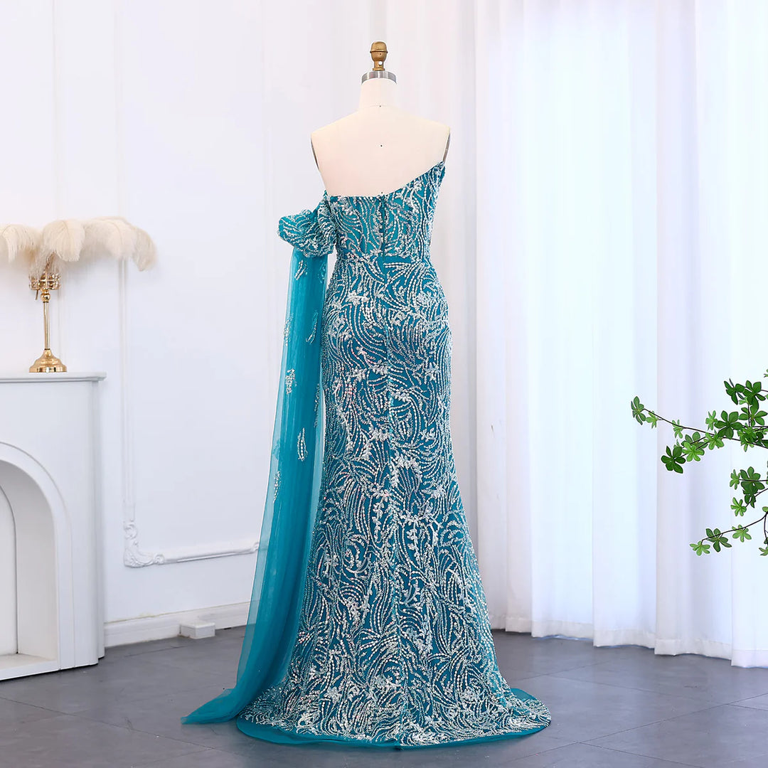 Luxury Beaded Scalloped Turquoise Evening Dress SS021