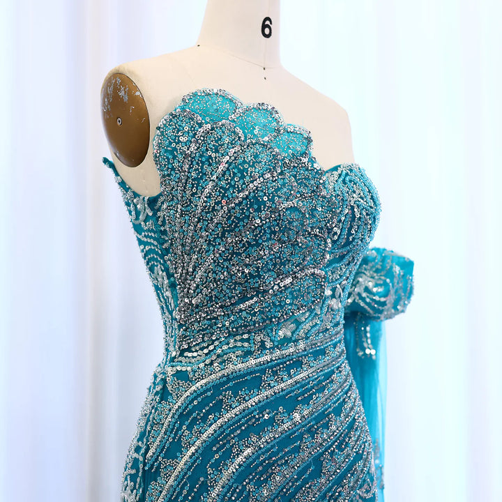 Luxury Beaded Scalloped Turquoise Evening Dress SS021