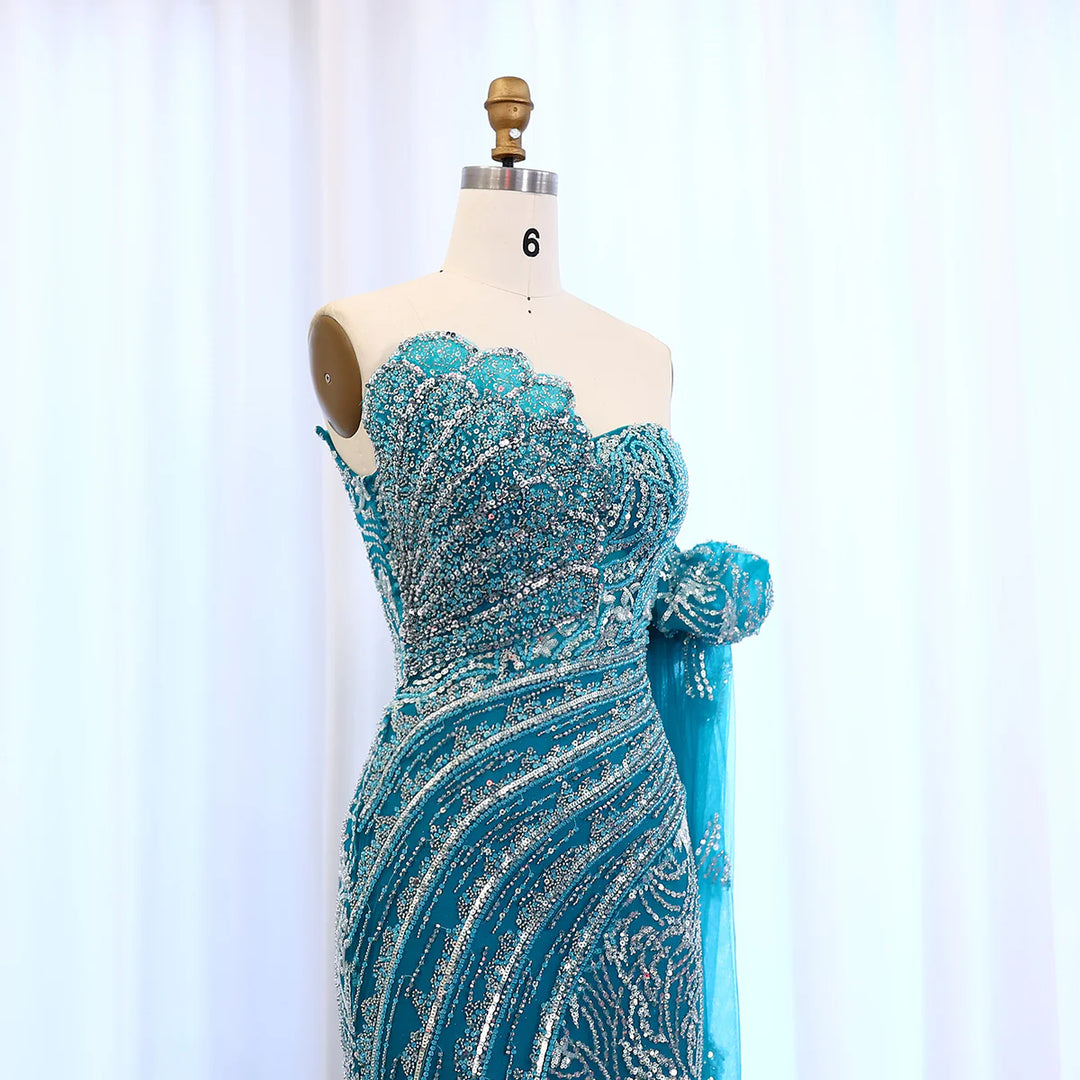 Luxury Beaded Scalloped Turquoise Evening Dress SS021