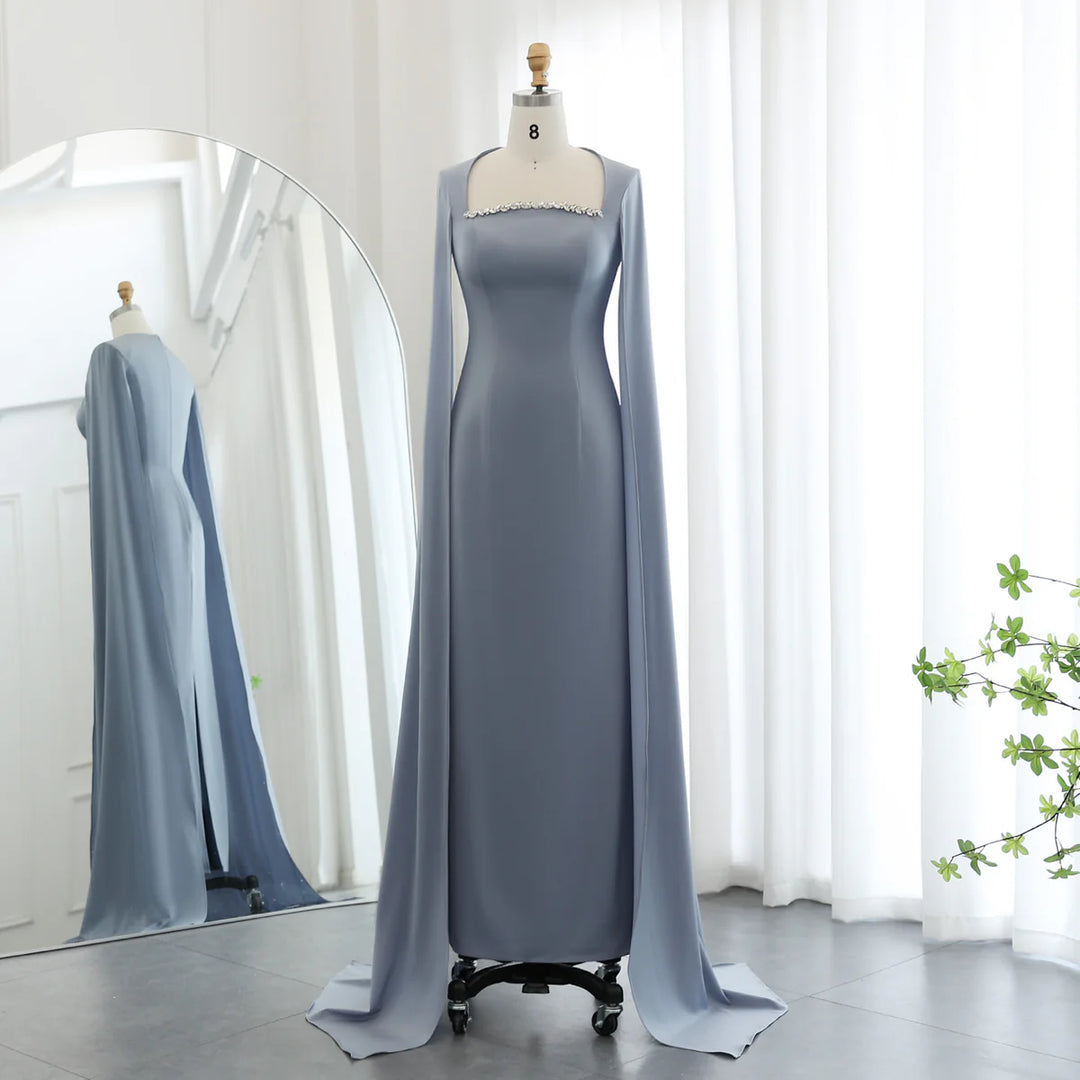 Elegant Blue Mermaid Evening Dress with Cape Sleeves SS486