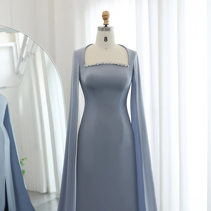 Elegant Blue Mermaid Evening Dress with Cape Sleeves SS486