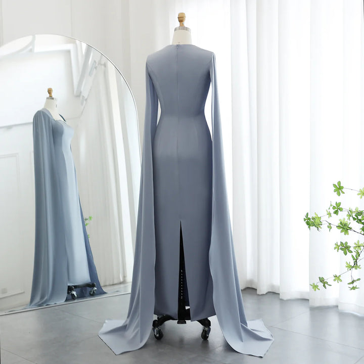 Elegant Blue Mermaid Evening Dress with Cape Sleeves SS486