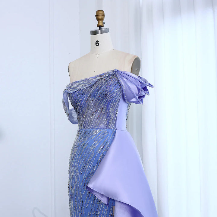 Luxury Lilac Off Shoulder Evening Dress with Overskirt SS028