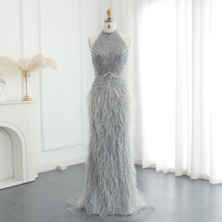 Luxury Feathers Mermaid Silver Gray Evening Dress Arabic Formal Party Gown SS006