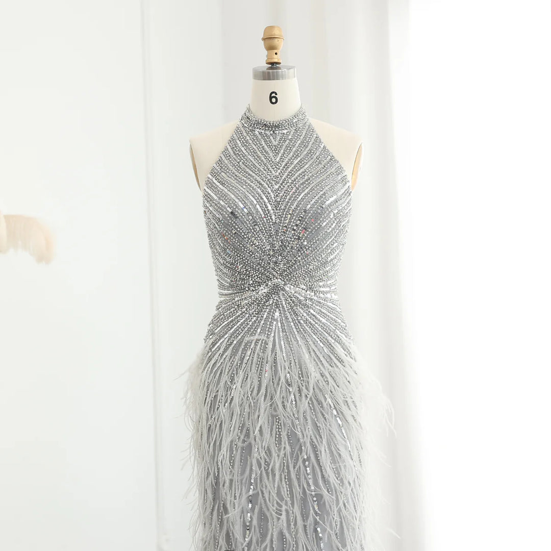 Luxury Feathers Mermaid Silver Gray Evening Dress Arabic Formal Party Gown SS006