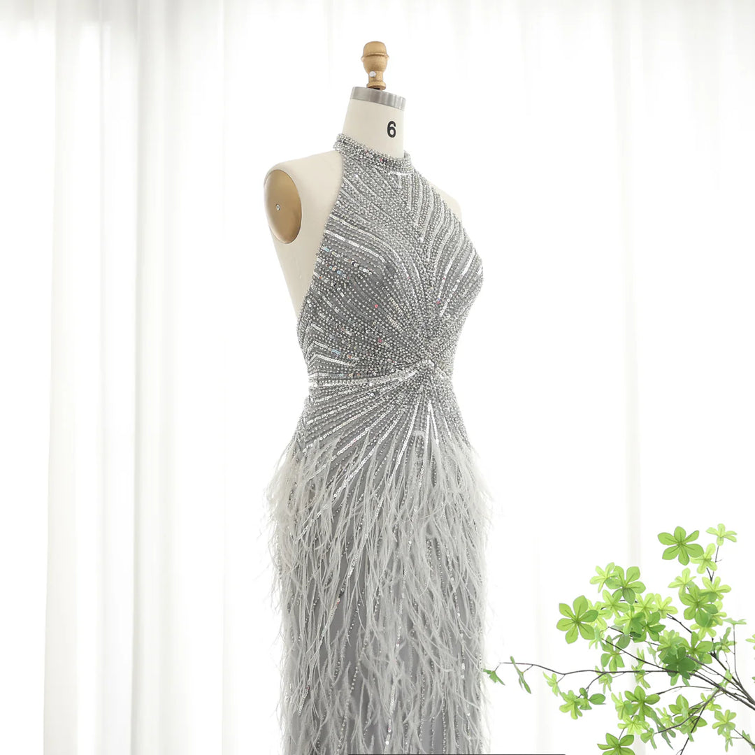 Luxury Feathers Mermaid Silver Gray Evening Dress Arabic Formal Party Gown SS006