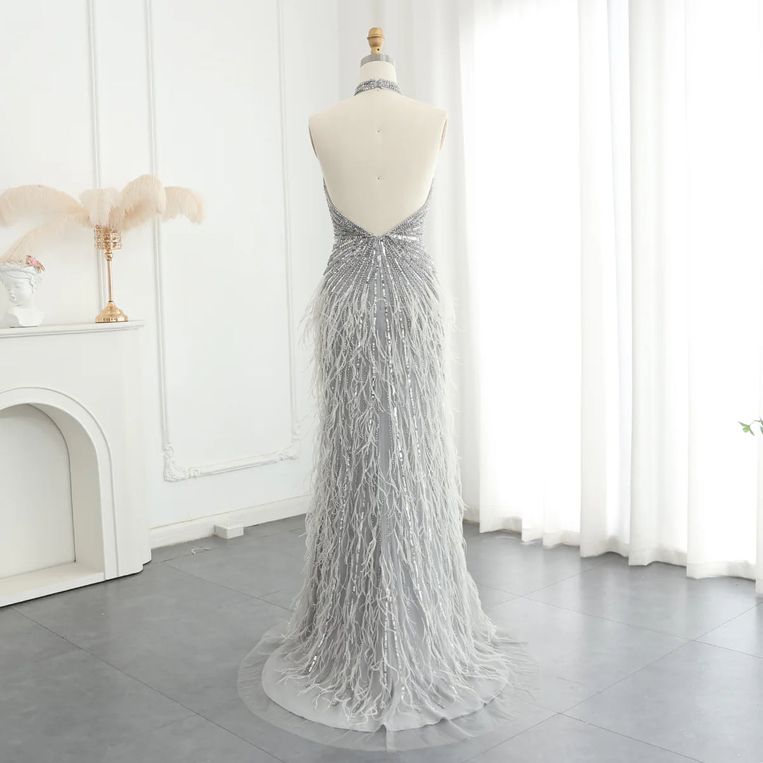 Luxury Feathers Mermaid Silver Gray Evening Dress Arabic Formal Party Gown SS006