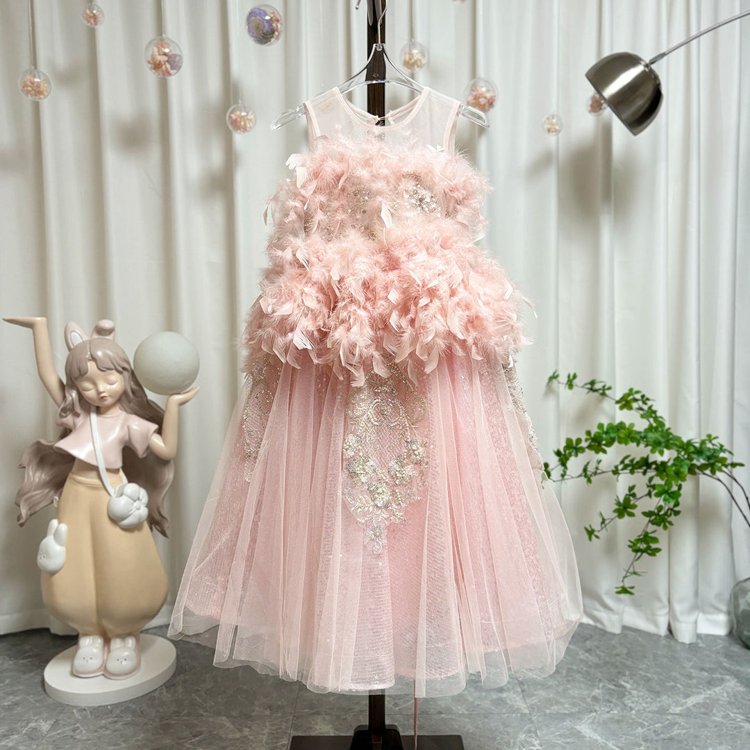 DreamyVow Luxury Shiny Pink Flower Girl Dresses Feather Beading Sequined Gowns J008