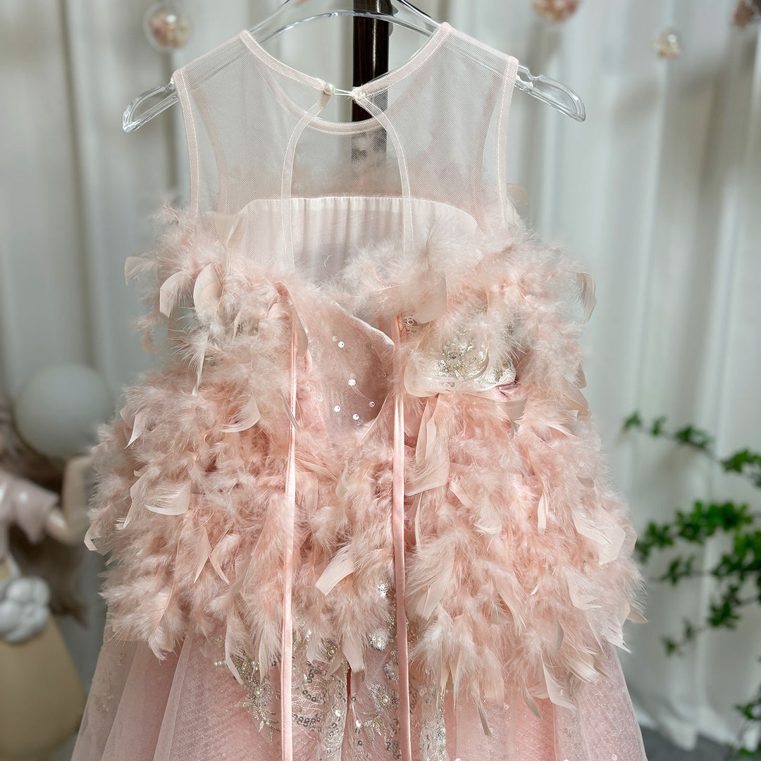 DreamyVow Luxury Shiny Pink Flower Girl Dresses Feather Beading Sequined Gowns J008