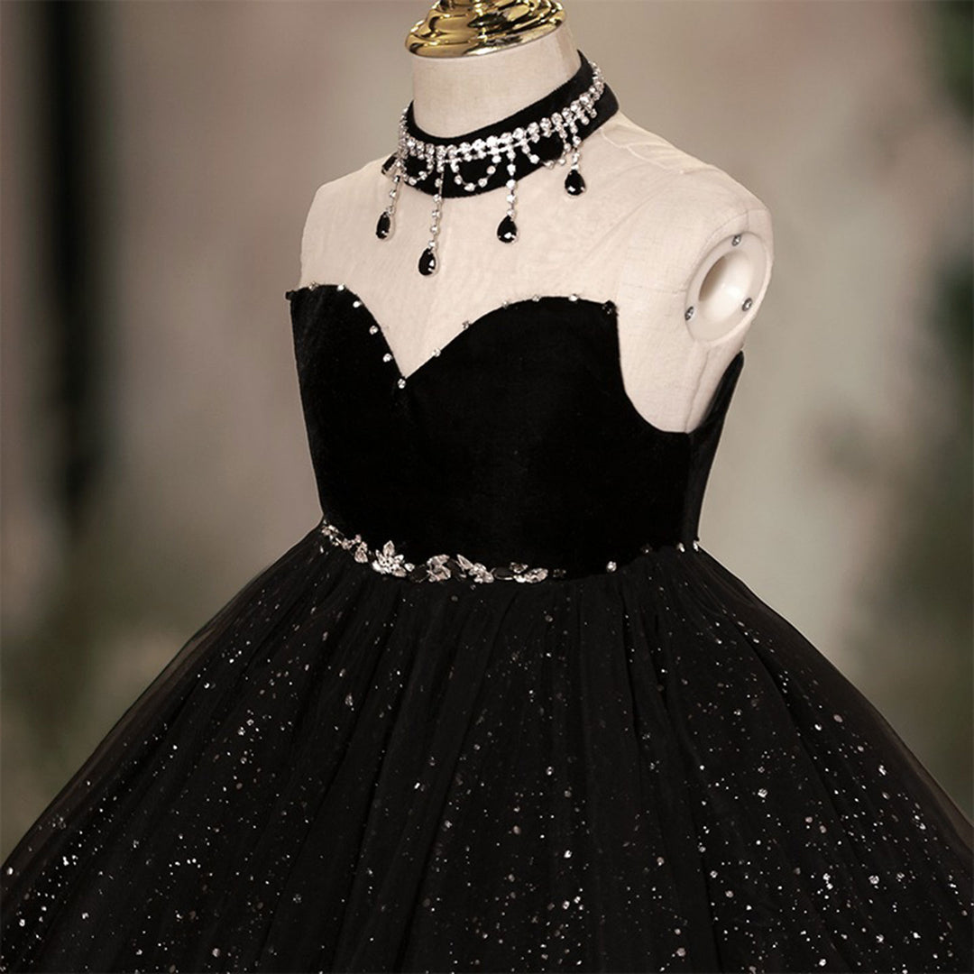 DreamyVow Elegant Dubai Black Girl dresses High-Neck Beadeds Arabic Princess Kids Birthday Wedding Party Ball Gown J106