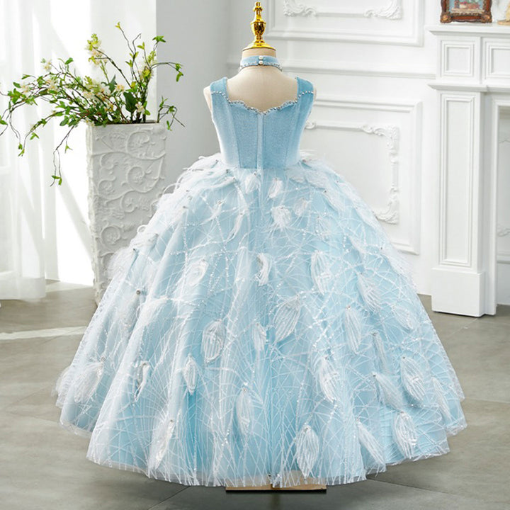 DreamyVow Luxury Dubai Sky Blue Girl dresses High-Neck Feather Arabic Princess Kids Birthday Wedding Party Ball Gown J128