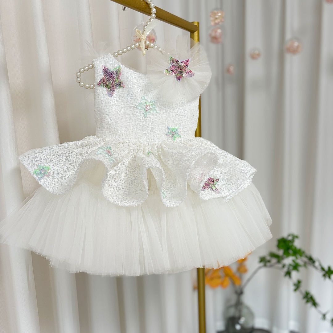 DreamyVow Sequins White Flower Girl Dress Knee Length Arabic Princess Gown J281