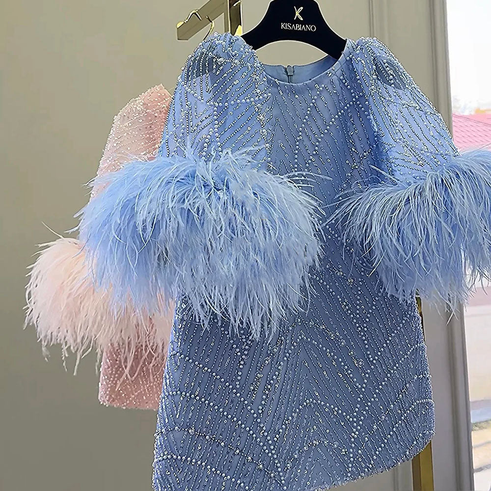 DreamyVow Luxury Blue Girl Dress Feathers Cap Sleeve Kid Princess Wedding Birthday Holiday Party Gown J170-DreamyVow