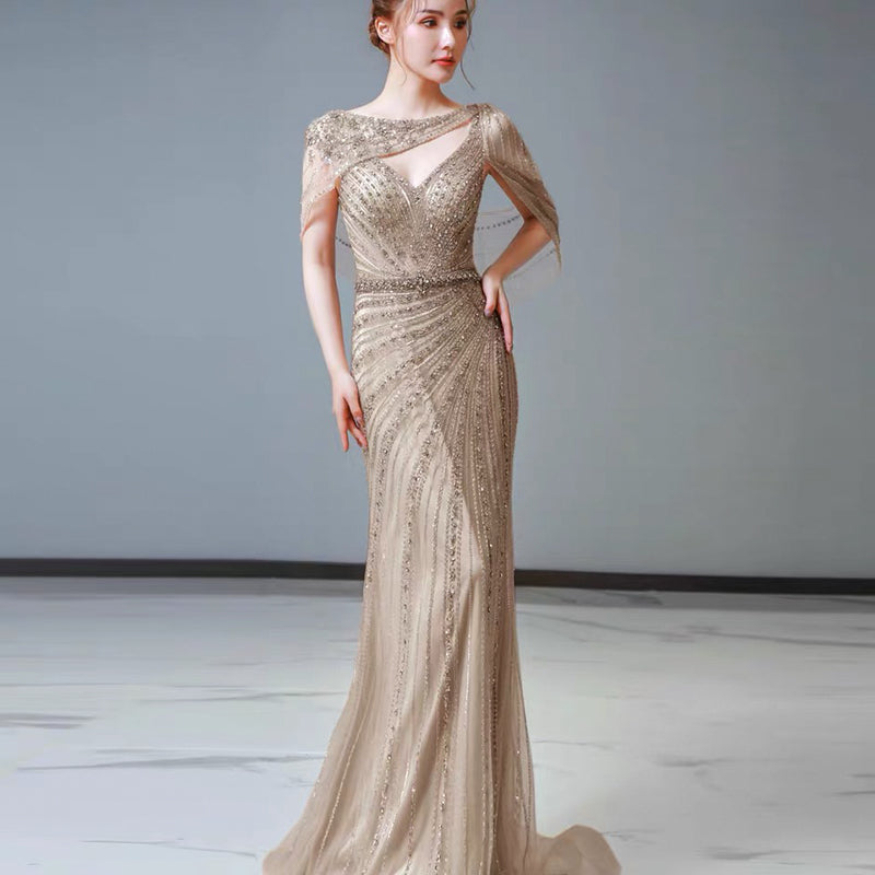 Luxury Champagne Dubai Mermaid Evening Dress with Cape Formal Prom Gwns SS122