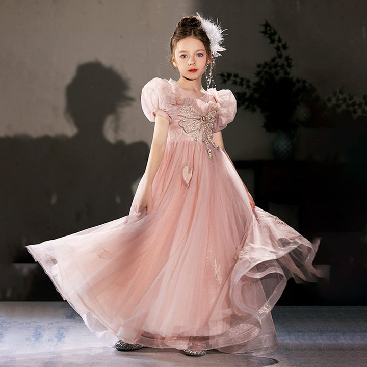 DreamyVow Luxury Princess Dusty Pink Girl Dress Dubai Tulle Pearls Beading J022