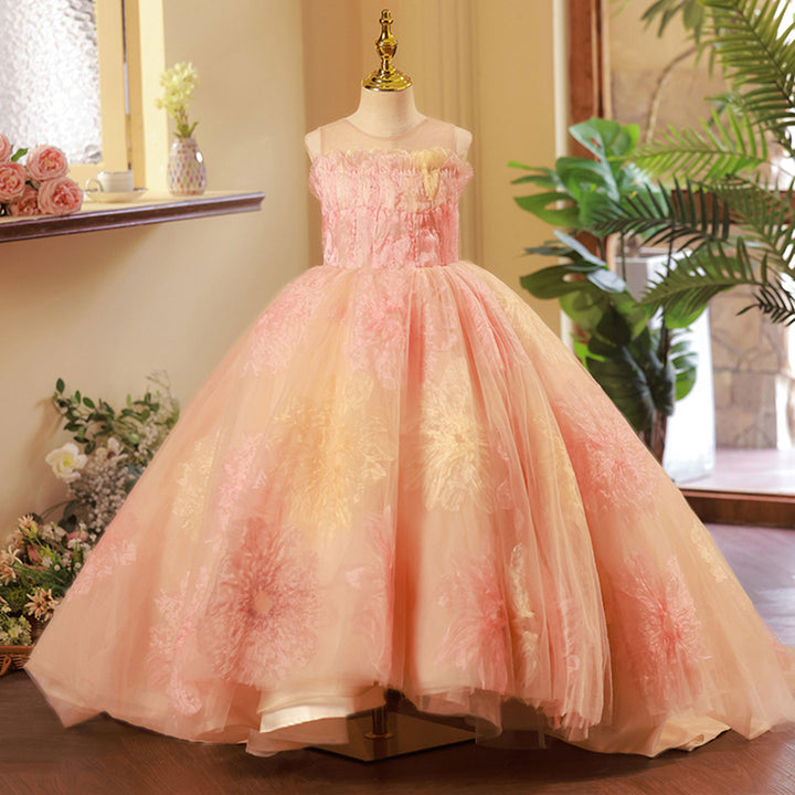 DreamyVow Luxury Coral Long Girl Dress for Birthday Party J276