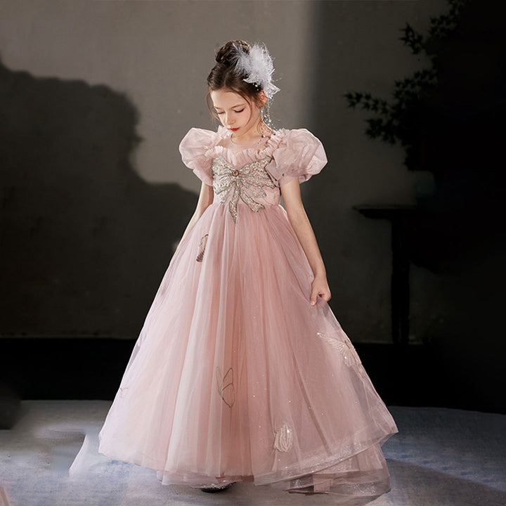 DreamyVow Luxury Princess Dusty Pink Girl Dress Dubai Tulle Pearls Beading J022