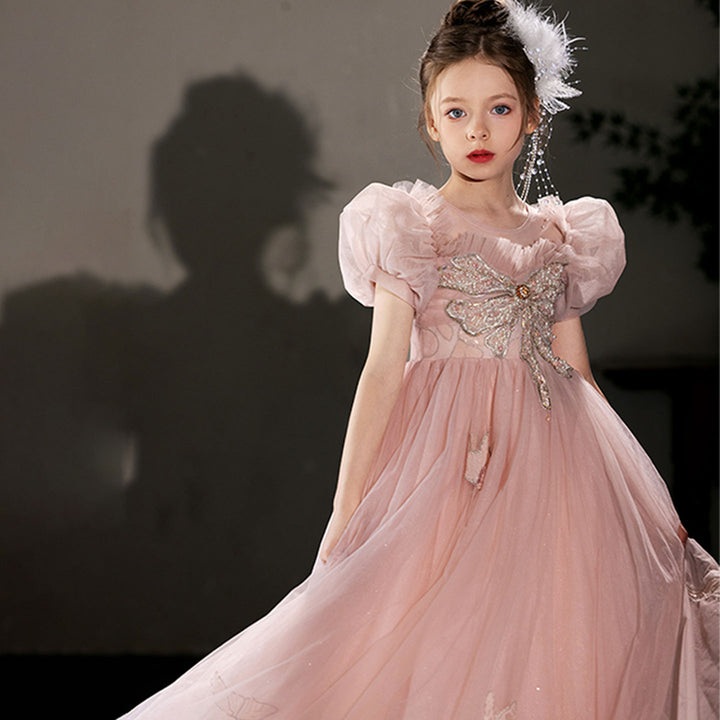 DreamyVow Luxury Princess Dusty Pink Girl Dress Dubai Tulle Pearls Beading J022