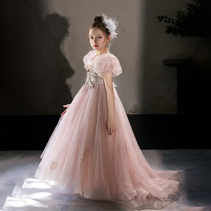 DreamyVow Luxury Princess Dusty Pink Girl Dress Dubai Tulle Pearls Beading J022