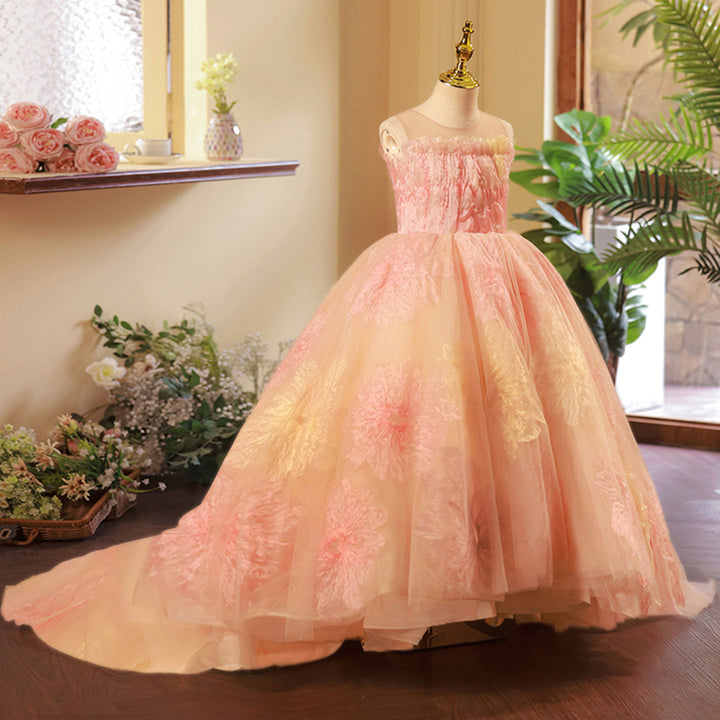 DreamyVow Luxury Coral Long Girl Dress for Birthday Party J276