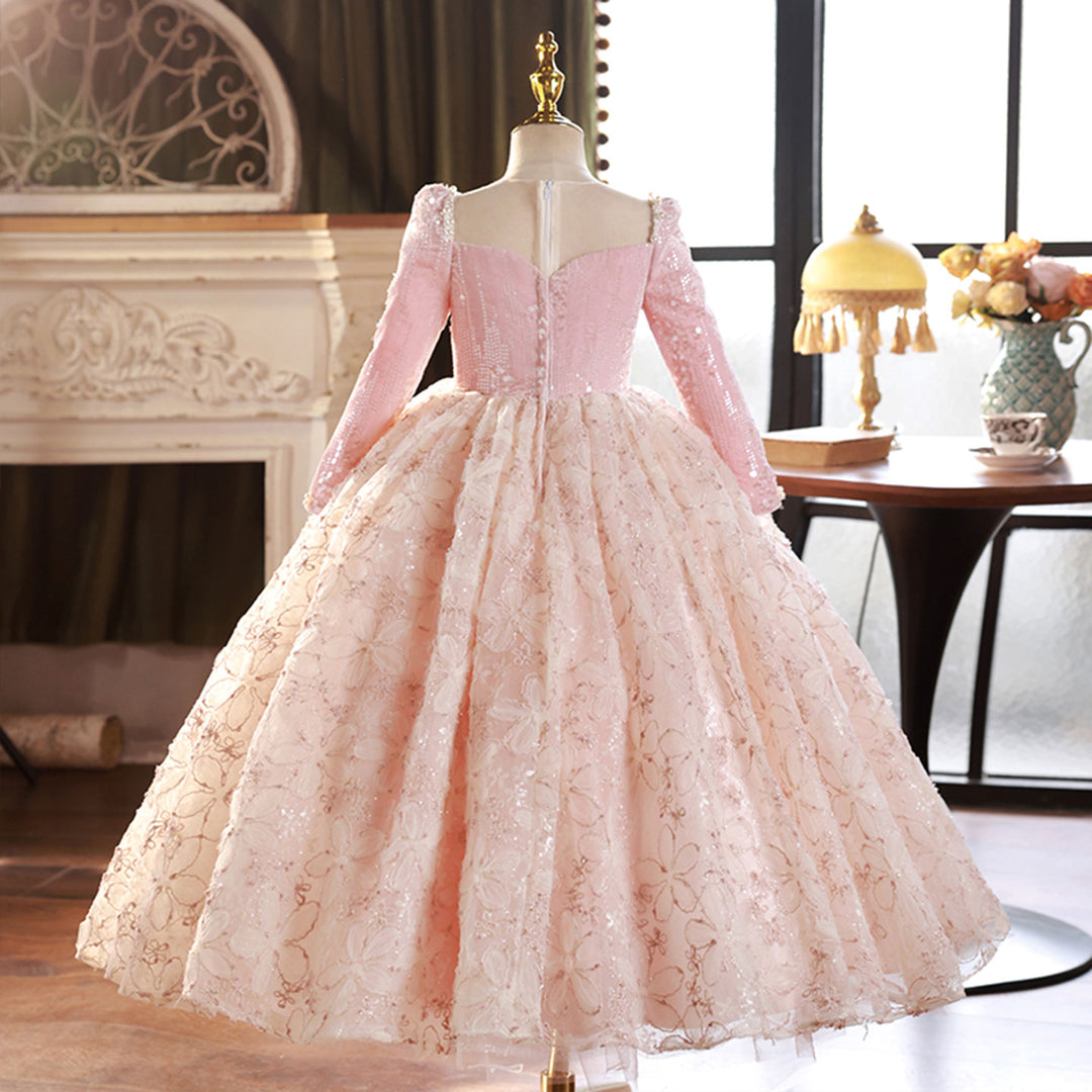 DreamyVow Pink Long Sleeve Beaded Princess Birthday Girl Dress J291