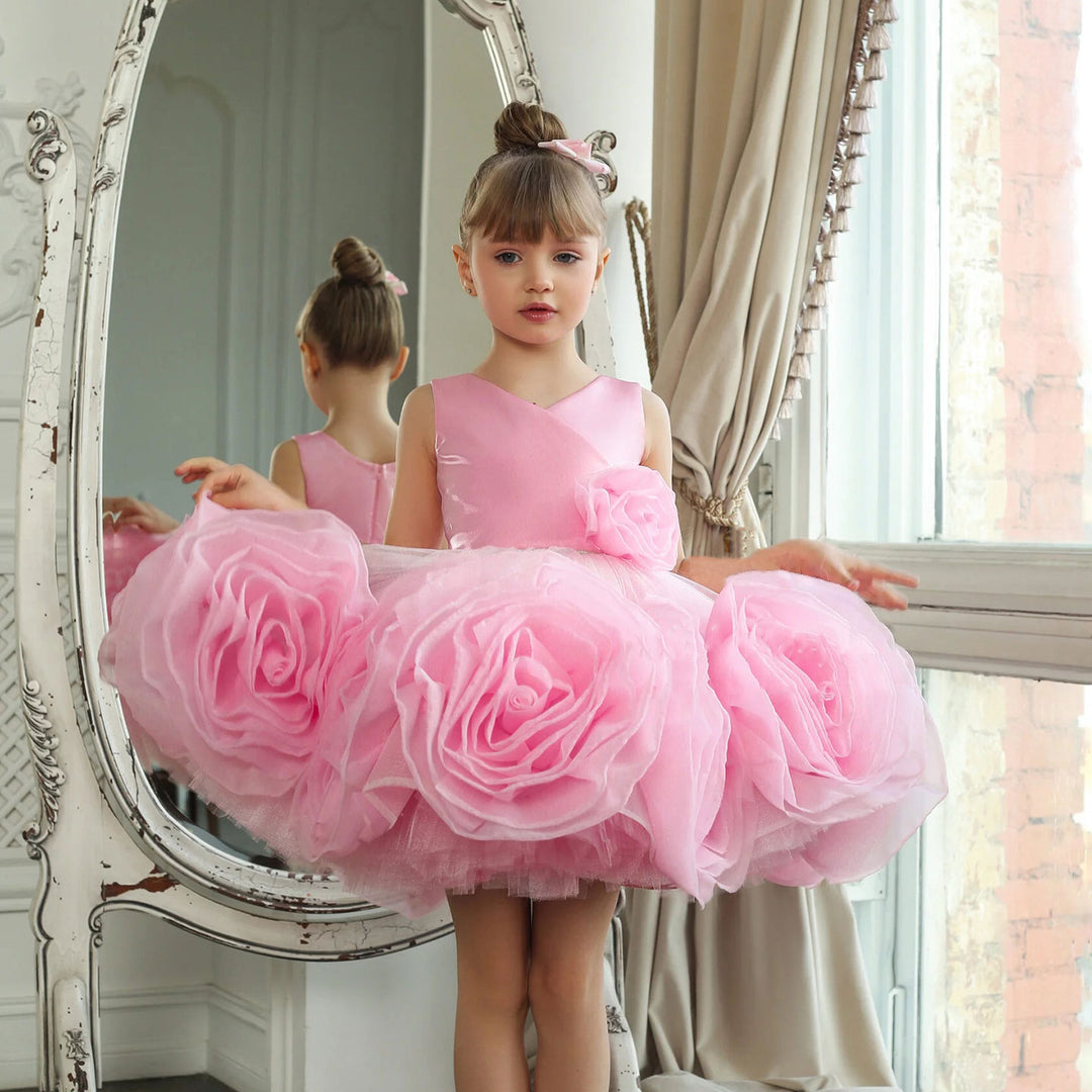 DreamyVow Elegant Pink Arab Girl Dress Handmade Flowers V-Neck Kids Princess Birthday Wedding Party Gown J158-DreamyVow