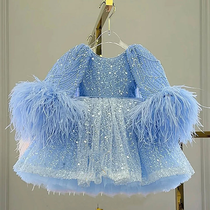 DreamyVow Luxury Blue Girl Dress Feathers Cap Sleeve Kid Princess Wedding Birthday Holiday Party Gown J170