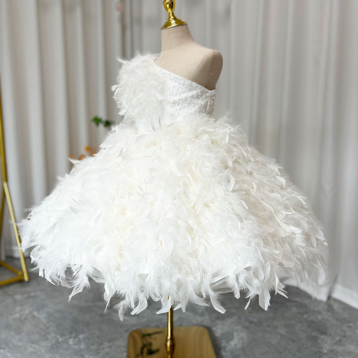 DreamyVow Luxury Arabic White Girl Dress Feathers Princess J394