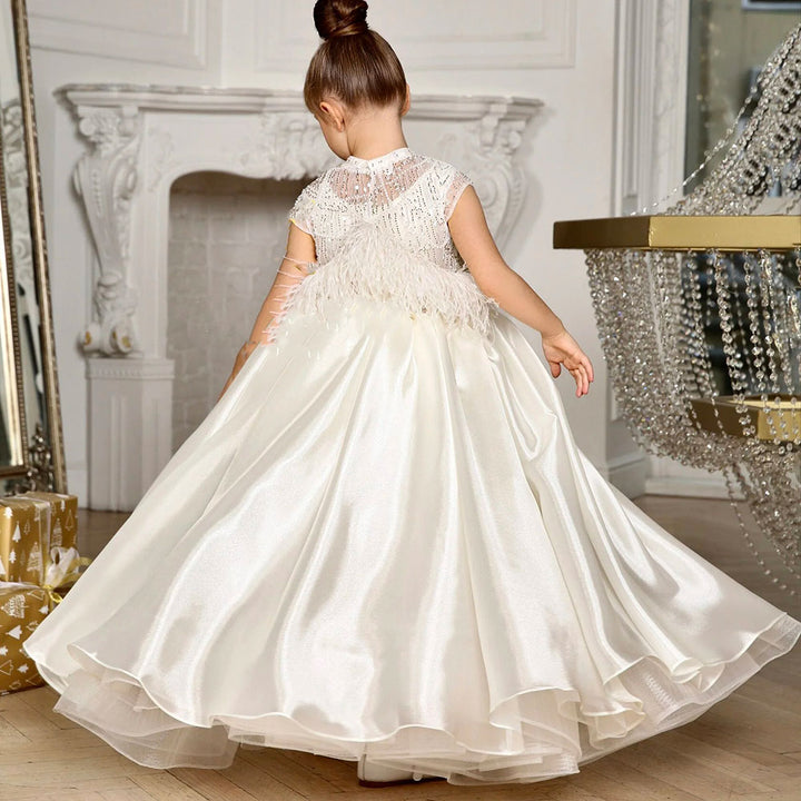 DreamyVow Luxury White Girl Dress Beads Feathers Kids for First Communion J398