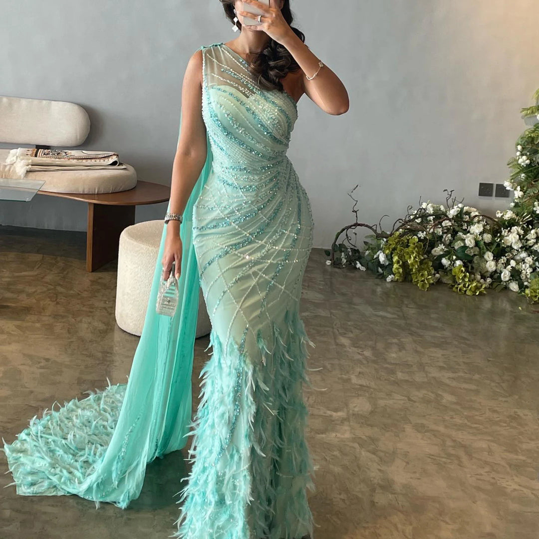 Dreamy Vow Luxury Feather Turquoise Aqua One Shoulder Mermaid Evening Dress with Cape Train Long Prom Wedding Party Gowns SS498