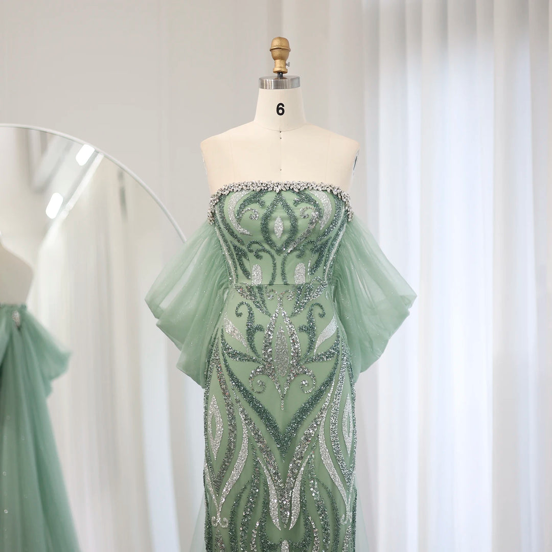 Dreamy Vow Arabic Strapless Sage Green Evening Dresses with Cape Sleeves Dubai Crystal Midi Women Wedding Party Gownns SS345