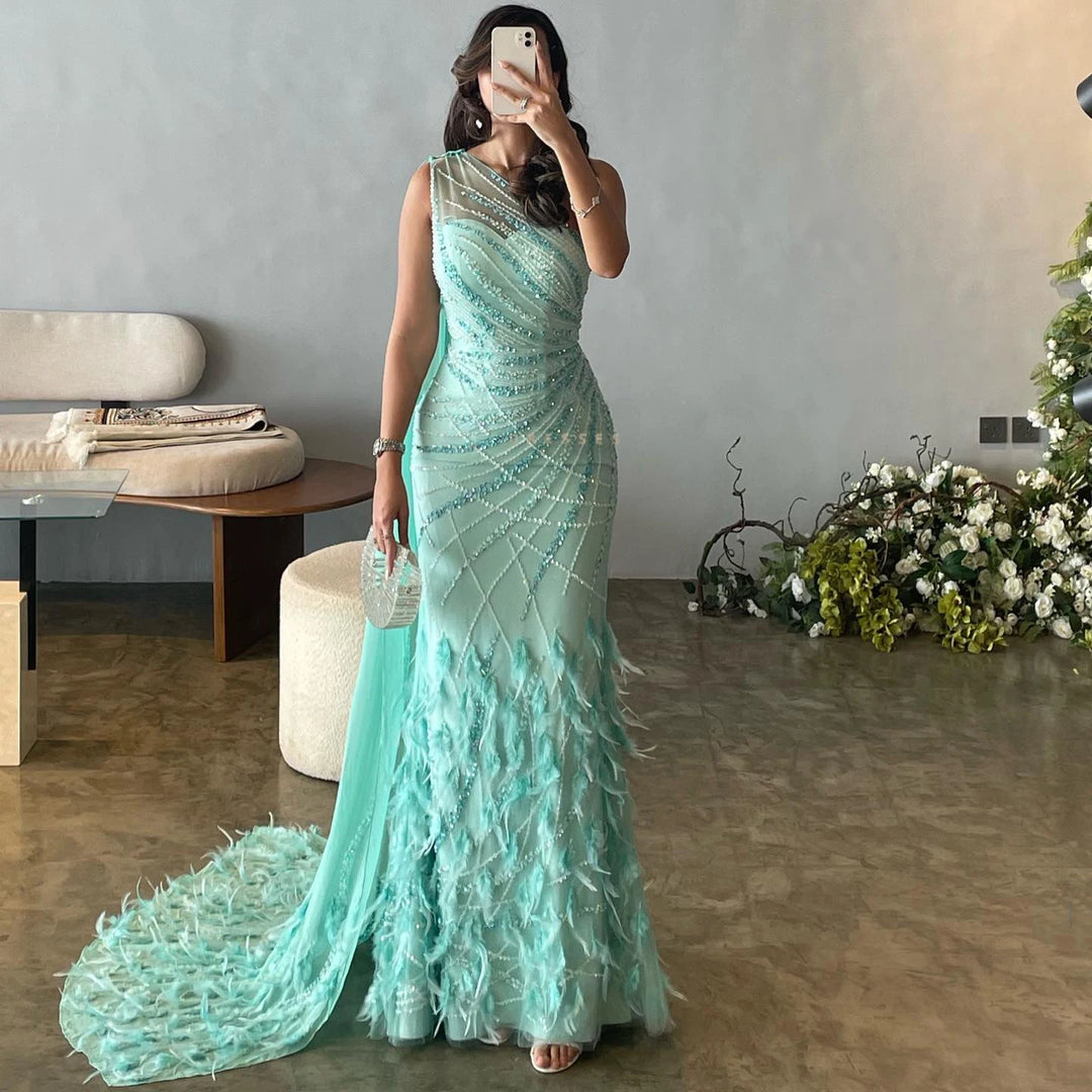 Dreamy Vow Luxury Feather Turquoise Aqua One Shoulder Mermaid Evening Dress with Cape Train Long Prom Wedding Party Gowns SS498