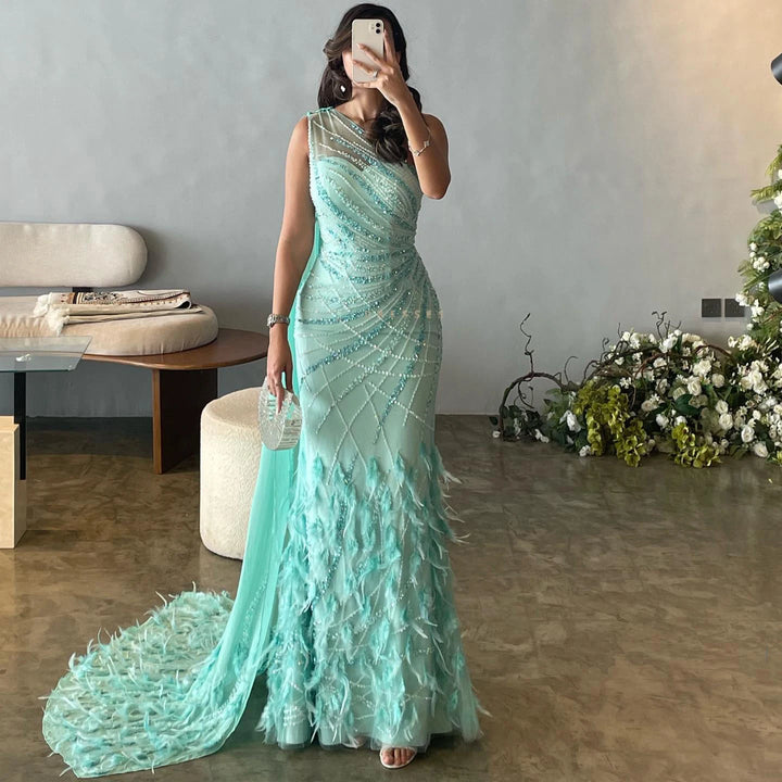 Dreamy Vow Luxury Feather Turquoise Aqua One Shoulder Mermaid Evening Dress with Cape Train Long Prom Wedding Party Gowns SS498