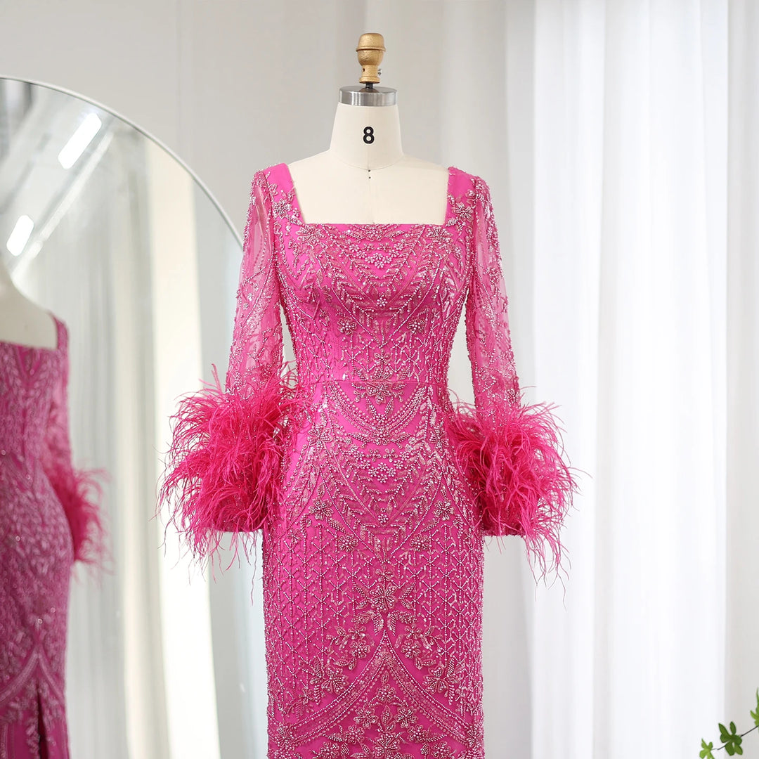 Dreamy Vow Arabic Fuchsia Luxury Dubai Evening Dresses Feathers Long Sleeves Straight Muslim Women Wedding Party Gowns SS239