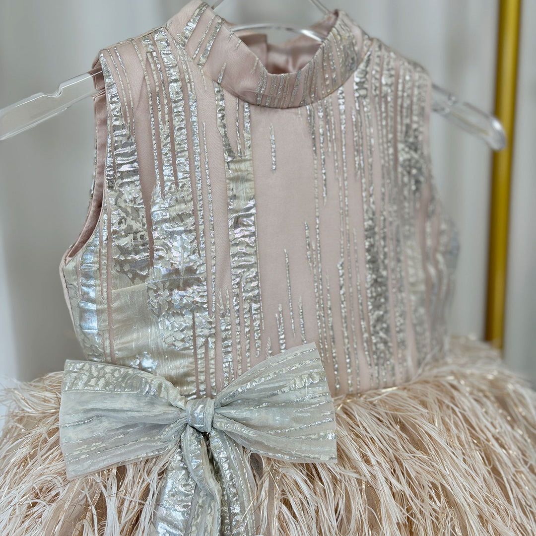 DreamyVow Luxury Champagne Girl Dress Feathers Dubai Kids Pink J323