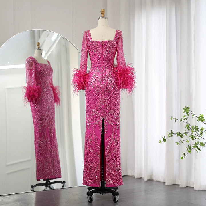 Dreamy Vow Arabic Fuchsia Luxury Dubai Evening Dresses Feathers Long Sleeves Straight Muslim Women Wedding Party Gowns SS239
