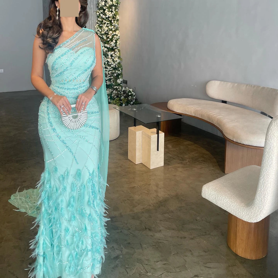 Dreamy Vow Luxury Feather Turquoise Aqua One Shoulder Mermaid Evening Dress with Cape Train Long Prom Wedding Party Gowns SS498