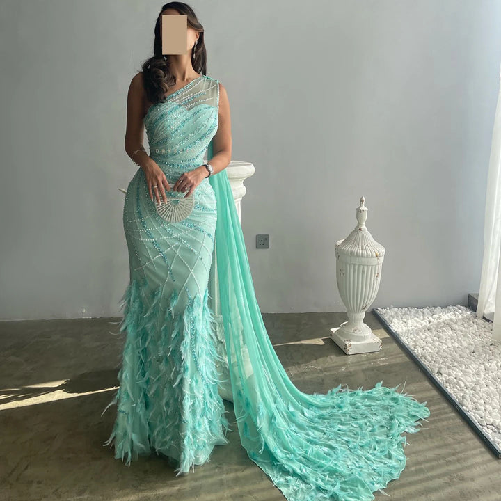 Dreamy Vow Luxury Feather Turquoise Aqua One Shoulder Mermaid Evening Dress with Cape Train Long Prom Wedding Party Gowns SS498