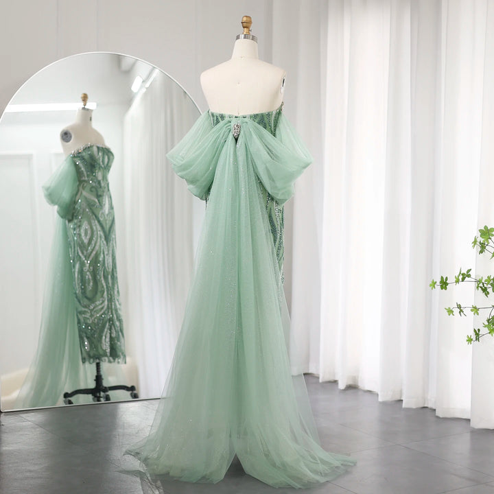 Dreamy Vow Arabic Strapless Sage Green Evening Dresses with Cape Sleeves Dubai Crystal Midi Women Wedding Party Gownns SS345