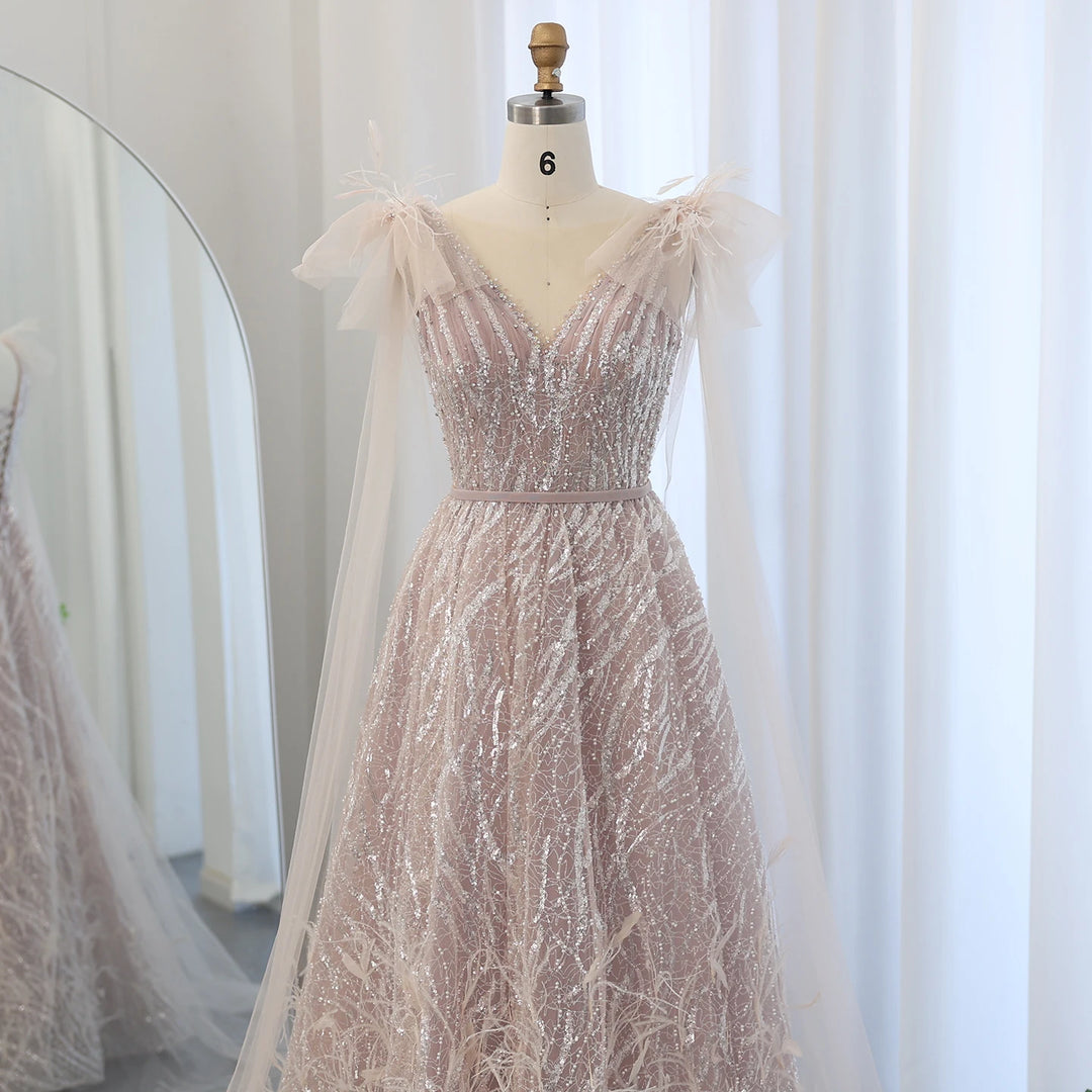 Dreamy Vow Arabic Pink Feathers Luxury Evening Dresses with Cape SS537